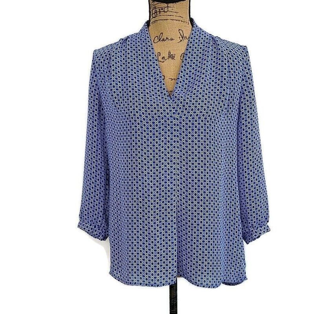 Laundry by Shelli Segal Womens sz S Top Blue Geometric Print V Neck 3/4 Sleeve